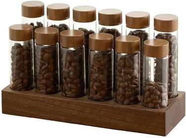 Liying 12Pcs Coffee Bean Storage Tubes with Wooden Stand, Glass Vials with Lids for Tea, Coffee, and Spices
