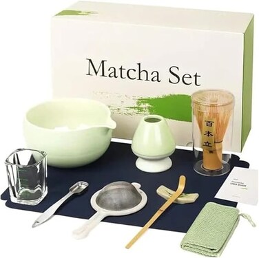 Liying 10-Pcs Matcha Kit Set, Whisk and Bowl with Spout &amp; Measuring Spoon, Japanese Tea Making Tools (Green)
