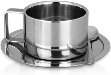 Liying 2Pcs  Insulated Espresso Cup Set Stainless Steel Coffee Mugs Set (200ml), Double Walled Coffee Cup with Saucer and Spoon, Espresso Latte Cappuccino Milk Tea Cup
