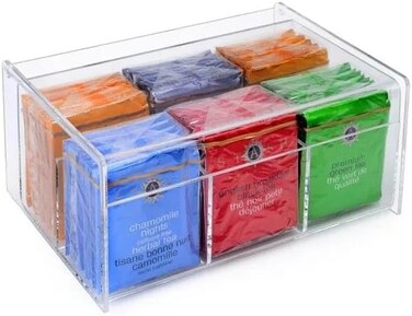 Acrylic Tea Bag Organizer with 6 Compartment Multi-Purpose storage for Drawer, Pantry, Kitchen, Cabinet
