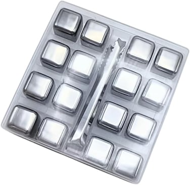 Liying 16pcs Stainless Steel Reusable Ice Cubes with Barman Tongs and Freezer Tray for cold coffee, Chill Drinks
