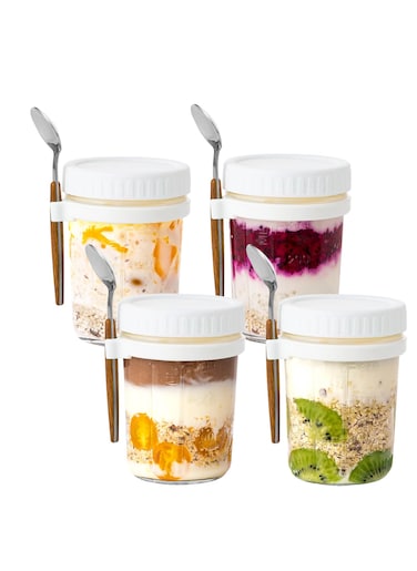Overnight Oats Container with Lid and Spoon, 4PCS 350ml Overnight Oats Jars, Breakfast Container, Cereal, Milk, Vegetable and Fruit Salad Storage Container with Measurement Marks