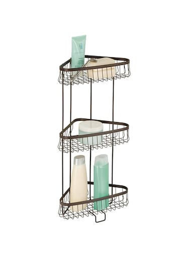 iDesign York Metal Wire Corner Standing Shower Caddy 3-Tier Bath Shelf Baskets for Towels, Soap, Shampoo, Lotion, Accessories, Bronze