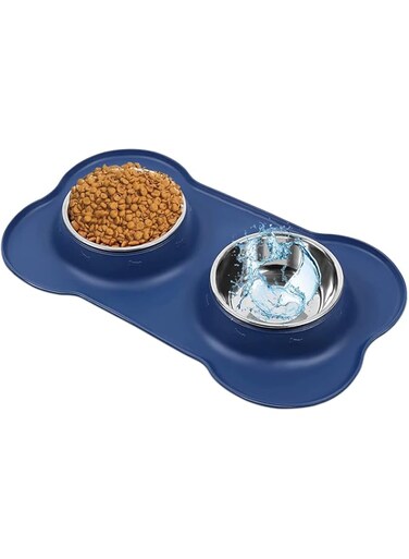 Dog Food Bowls Stainless Steel Dog Food and Water Bowl Set, Dog Bowls No Spill Non Slip Silicone Mat, Dog Dishes for Small Medium Size Dogs Cat Puppy Pet Food Feeding Bowls, Blue, 350ml