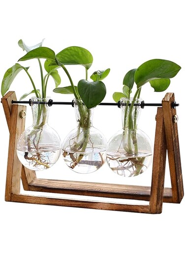 OOMYL Glass Desktop Planter with Retro Wooden Stand and Plant Terrarium Vase (3 Bulbs) for Indoor Office Desk Decor Accessories, without Plant