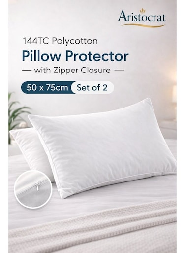 144TC Polycotton Pillow Protector with Zipper Closure, Soft &amp; Durable, White, 50x75 cm, Set of 2 Polycotton White 50x75cm