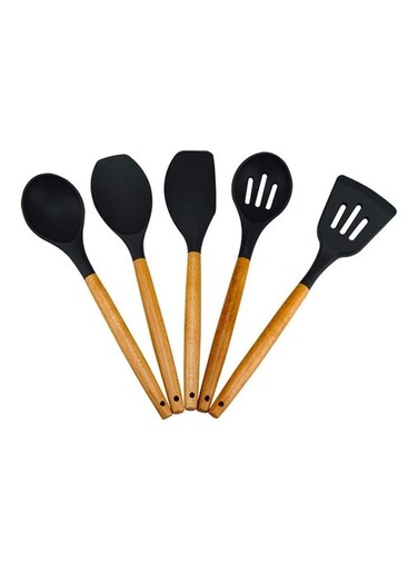 5-Piece Silicone Wooden Handle Kitchen Utensil Set Black/Brown One Size