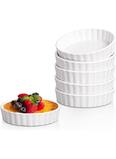 Ramekins Set of 6, Shallow Creme Brulee Ramekin, 12 * 12 * 2cm Ramekins for Baking, Porcelain Souffle Dish Mini Pie Pans Oven Safe, Round Fluted Tart Pan Quiche Dishes