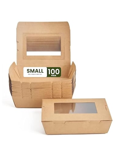 ecoway Small Kraft Lunch Box With Window Food Container Made With Craft Paper For Meals &amp; Dessert, Take Away Container, Disposable, Eco-friendly, Compostable, Paperbox Restaurants - Pack Of 100, Brown