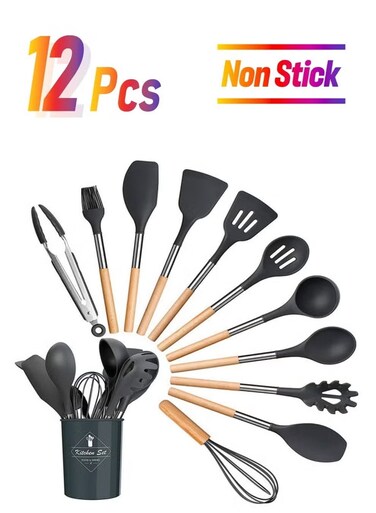 12-Piece Non-Stick Silicone Cooking Utensil Set &acirc;&euro;&ldquo; Premium Heat-Resistant, BPA-Free, Non-Scratch, Ergonomic Kitchen Tools for Safe and Easy Use with Non-Stick Cookware