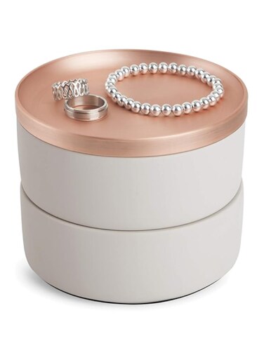 Umbra Tesora Jewelry Box, Two-Tier Resin Storage Container With Removable Lid, Concrete/Copper