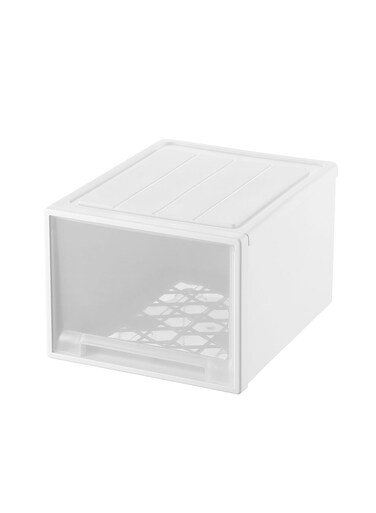 White Plastic Drawer Storage Box with Wheels &acirc;&euro;&ldquo; Stackable PP Organizer with Smooth Pull-Out Drawer and Easy-to-Install Casters for Closet, Desk, and Bedroom Storage, 45 x 38 x 27.5