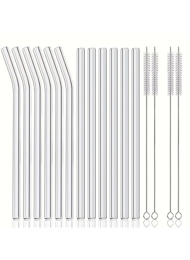 Reusable Glass Drinking Straws, Size 8.5''x10mm, Including 12pcs Reusable Glass Drinking Straws with 4 Cleaning Brushes - Perfect for Smoothies, Tea, Juice