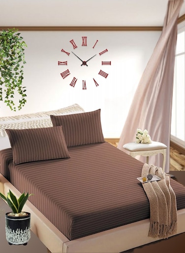 Pastel Brown Striped Sheets Set Deep Pockets Machine Washable Soft Cotton180x200+25cm