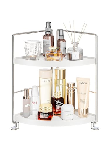 KINGBERWI 2-Tier Corner Storage Shelf, Bathroom Organizer Countertop, Cosmetics Makeup Organizer Holder, Kitchen Spice Rack, Silver