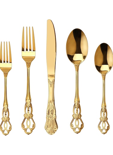 Retro Royal Gold Stainless Steel 5 Pieces Flatware Set, Golden Silverware Set, Anti-rust Stainless Steel Gold Cutlery Set Utensils Including Fork Spoon and Knife