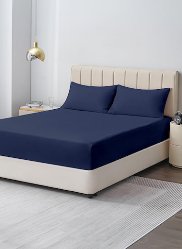 Linen Double Plain Fitted Elastic Bedsheet with 2 Pillow Case 160 x 200 Cm Navy Blue