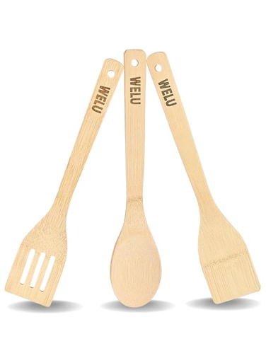 WELU Wooden Spoon, Spatula, and Slotted Spatula For Cooking 3 Piece Organic Bamboo Kitchen Utensil Set With Holder Premium Quality Nonstick Pots &amp; Pans for Everyday Use Gifts