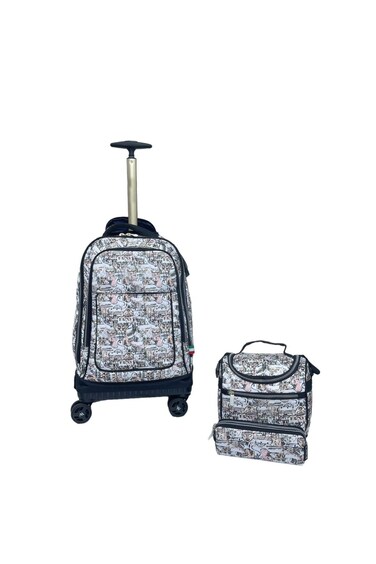 Kids Rolling School Backpack Set, 3-Piece with Lunch Bag and Pencil Case, Spinner Wheels.(Black White Design Print)