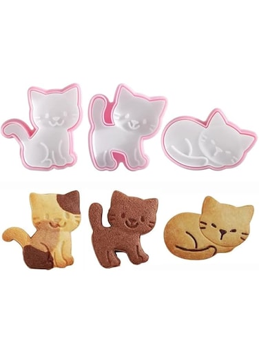 ELECDON Cat Shape Animal Plunger Cookie Cutters Set, 3pcs Cat Cookie Cutter Shapes Plastic Biscuit Cutter Set Animals Cookie Stamps Fondant Cake Decorating Tools