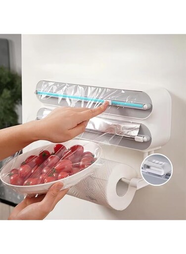 Tazweeq Wrap Organizer, with Cutter Includes, Magnetic Paper Towel Holder, for Fridge, Foil and Plastic Wrap Organizer, White