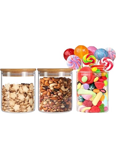 AKDC Set of 3 Round Glass Jar with Bamboo Lid, Kitchen Food Storage Containers Airtight Lids Cereals Canisters Jars for Pasta Spaghetti Tea Coffee Beans Candy Cookies Snacks (Mini - 500ML)