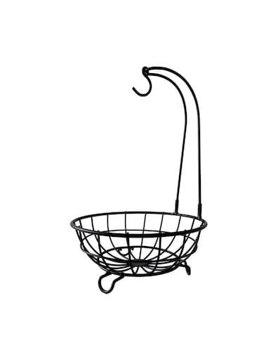 Mild Steel Fruit Bowl with Detachable Banana Holder / Fruit &amp; Vegetable Basket / Vegetable Stand / Banana Stand with Hook for Dining Table Kitchen (Black)