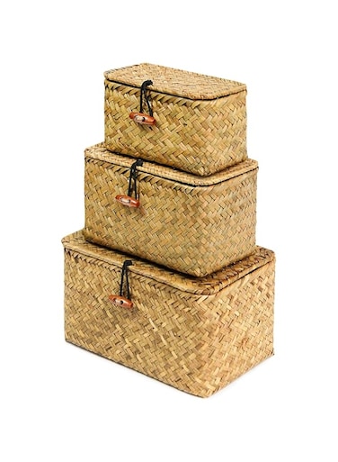 FEILANDUO Shelf Baskets with Lid Set of 3 Handwoven Seagrass Storage Box Wicker Basket Desktop Makeup Organizer Multipurpose Container (Original (S/M/L)
