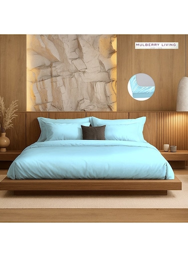 LIVING Polyester Queen Fitted Bedsheet Set-300 TC Silken Berry Art Silk Satin. 1 Sheet 160x200x30 cm / 2 Pillow Covers: 50x75 cm - Light Blue