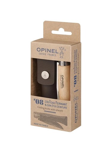Opinel NEW Folding Knife With Sheath 8.5cm. Stainless Steel corrosion-resistant blade. Virobloc locking ring for extra safety. Made in France.