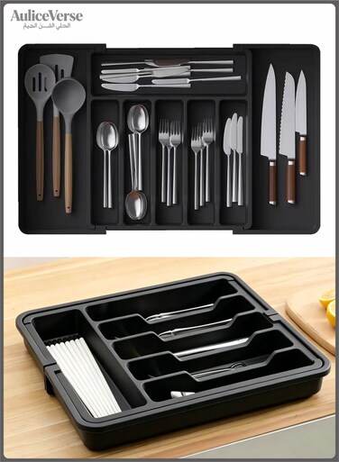 Expandable and adjustable kitchen drawer organizer, large capacity multi compartment cutlery tray, silverware, fork, spoon, chopstick cutlery storage box, saving space