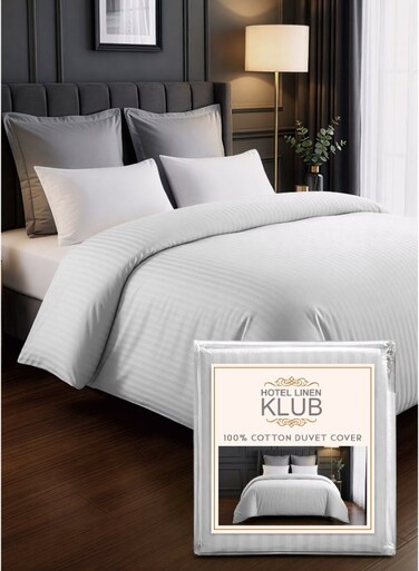 Linen Klub 1-Piece Duvet Cover &acirc;&euro;&ldquo; Striped Cotton Sateen &acirc;&euro;&ldquo; Luxury Hotel Collection &acirc;&euro;&ldquo; Double (225x245 cm) &acirc;&euro;&ldquo; 250 Thread Count, Soft &amp; Breathable Fabric Cotton White 225x245cm