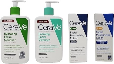 CeraVe Daily Skincare Facial Bundle - Hydrating Facial Cleanser (16 oz), Foaming Facial Cleanser (16 oz), AM Facial Moisturizing Lotion with Sunscreen (3 oz), and PM Facial Moisturizing Lotion (3 oz)
