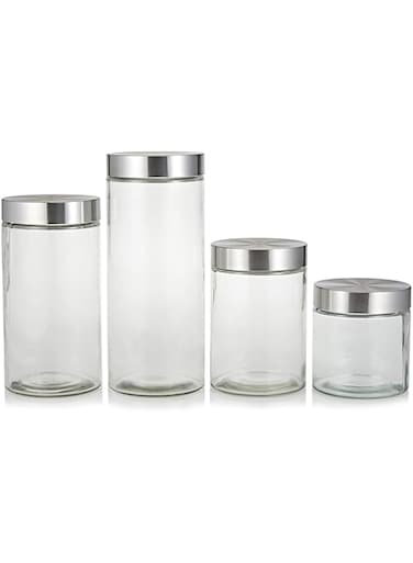Harmony 2724623295671 4 Pieces Table Top Canister With Cover Set, Glass/Metal