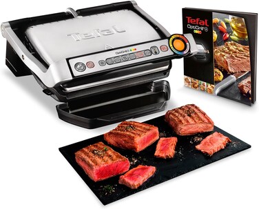 Tefal OptiGrill+ GC712D, Intelligent Contact Grill, 6 Program, Adjust Temperature + Grill Cycle To Food Being Grilled, Non-Stick Coated Plate, 30 x 20cm, Black Stainless Steel