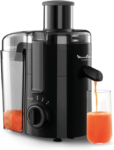 Moulinex Frutelia Plus JU370810 Juicer, 950 ml, 350 W, 2 Speed, Mouth 6 cm, Stainless Steel Filter, Compact, Homemade Fruit and Vegetable Juice, Pulp Collector, Black, JU370810