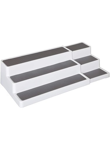 bpa N3ma 3 Tiers Expandable Spice Rack Non-Skid Modern Design Cabinet Step Shelf Organizer for Countertop Pantry and Cabinet (White &amp; Gray)