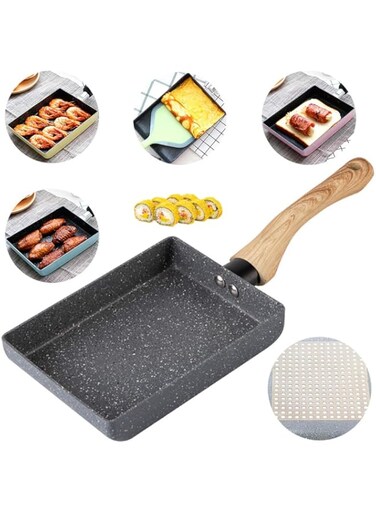 DICKIS Tamagoyaki Pan Square Japanese Omelette Pan,Non-stick Egg Roll Pan,Rectangle Frying Pan Wood Handle,with Silicone Brush &amp; Solid Wood,Grey