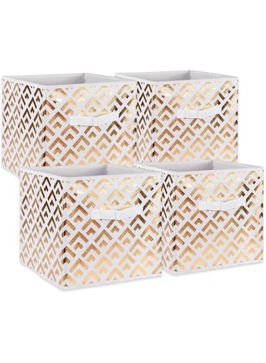 DII Non Woven Polyester Metallic Diamond Storage Bin, Large Set of 4, White/Gold