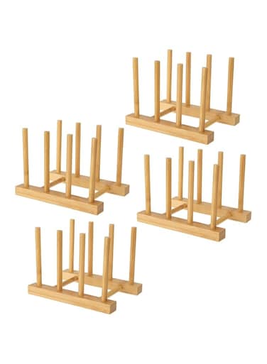 Lawei Set of 4 Bamboo Dish Rack - 3 Slots Cutting Board Racks Plate Rack Stand Pot Lid Holder for Bowl, Cup, Cutting Board and More
