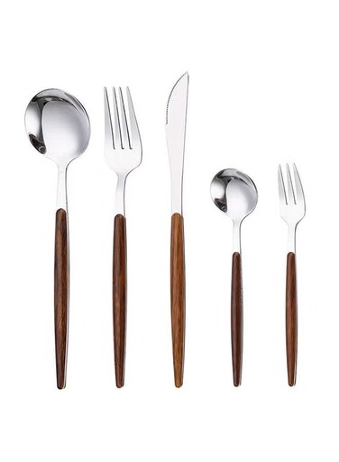 Pcs Silverware Tableware Set with Faux Wooden Handle, Creative 304 Stainless Steel Anti Rust Mirror Plished Retro Wooden Flatware, Knife Spoons And Forks Restaurant Kitchen Utensil (Silver)