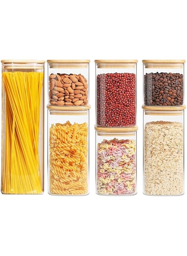 VAODO Airtight Food Storage Container Set, 7 Piece Plastic Kitchen and Pantry Organizer Jars with Bamboo Lid, BPA Free, for Flour, Cereal, Candy, Coffee, Tea, Cookies, Sugar, Nuts