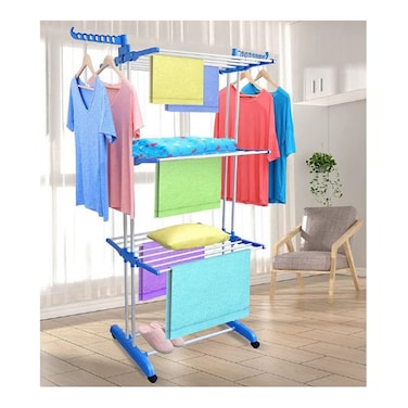 Heavy Duty Full Size Carbon Steel 3-Tier Cloth Drying Rack, Laundry Rack, Blue/Silver