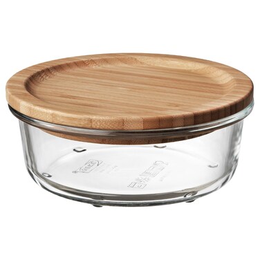 Food Container With Lid Round Glass/Bamboo 400ml