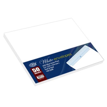 FIS White Envelopes Glued Peel &amp; Seal Inner Print Blue, Pack of 50 Pcs. C4 (229 x 324 mm), 100 GSM - FSWE1042PI50