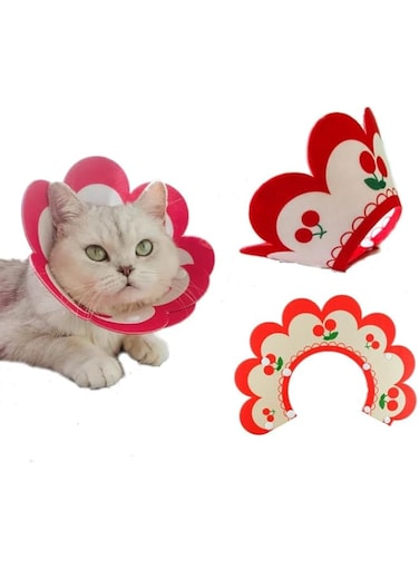 Small Dog Recovery Collar Cat Cone Anti-Bite Lick Wound Healing Felt E-Collar Cartoon Design (Cherry, M)