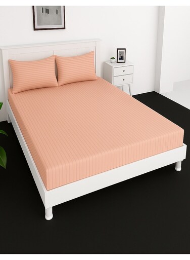 Deep Fitted Elastic Bedsheet Set With Pillow Covers, King/Queen/Double/Single Sizes, Color Peach, Depth 30cm