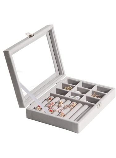 Excefore Jewelry Box Organizer for Women Girls, Large Men Jewelry Storage Case, Display Jewellery Holder with Removable Tray for Necklace Earrings Rings Bracelets, Vintage Gift, Grey