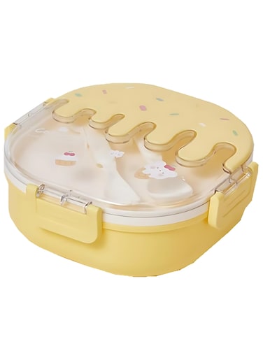 Twisoo Bento Stainless Steel Lunch Box for Kids Adults 3 Compartment Plastic Cute Ice Cream Lunch Snack Containers with Fork and Spoon - Double Decker BPA Free Leakproof (Yellow)