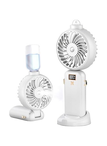 [Upgraded] Handheld Misting Fan Portable Rechargeable Personal Mister Fan, Battery Operated Spray Water Mist Fan with 5 Speeds, LED Display, 90&deg; Foldable Cooling Fan for Travel Camping Outdoor (White)